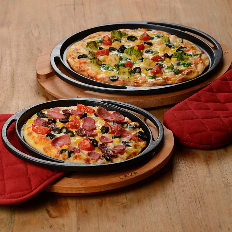 Lava Enameled Cast Iron Pizza Pan-Crepe and Pancake Pan 8 inch-with Beechwood Service Platter, Size: W: 9.05 Large: 11.02 H: 1.41, Black