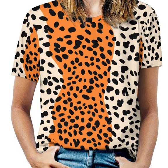Leopard Print Pattern Women's Short Sleeve T-Shirt Crew Neck Casual Summer Trendy Loose Fit Tops