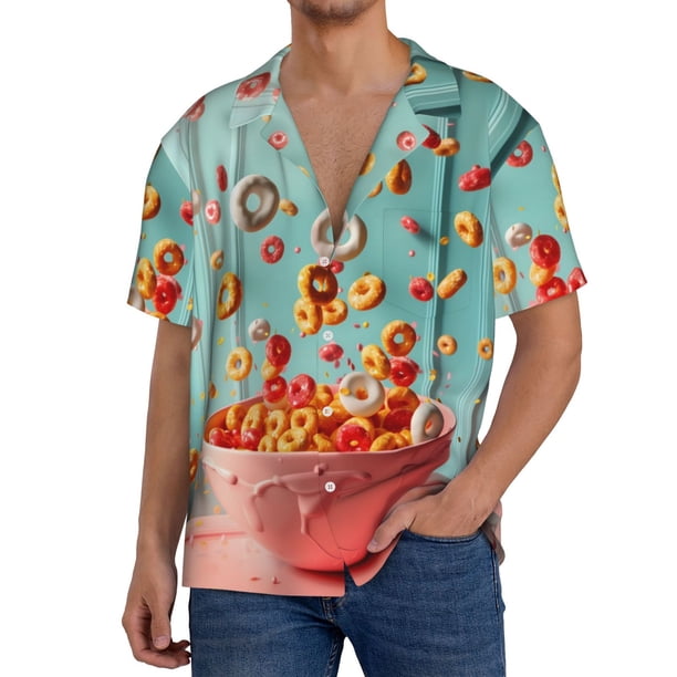 Balery Floating Colorful Cereal Camisa Casual de Manga Corta con Botones para Hombre, Texturizada, Estilo Cubano, para Playa, Verano-3X-Large