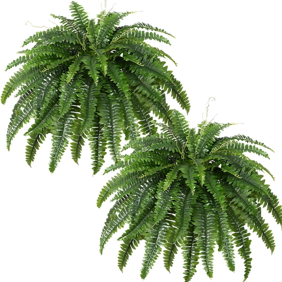 Artificial Boston Fern Bush- Set of 2 Large Artificial Ferns for Outdoors, 45Inch Large Faux Ferns, Suitable for Office & Living Room Decor, 60Branches for Each Bouquet