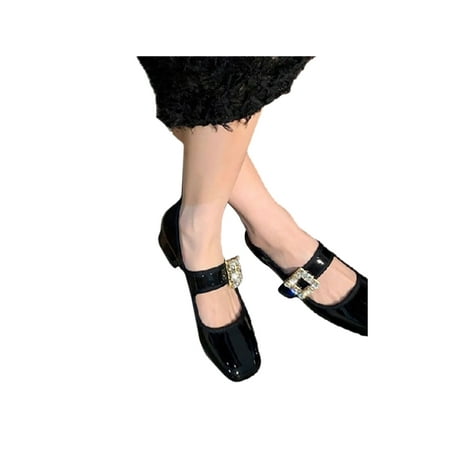

Eloshman Women Mary Jane Heels Ankle Strap Loafers Slip On Dress Shoes Work Fashion Chunky Leather Shoe Non-slip Pumps Black Patent Leather Flats 7