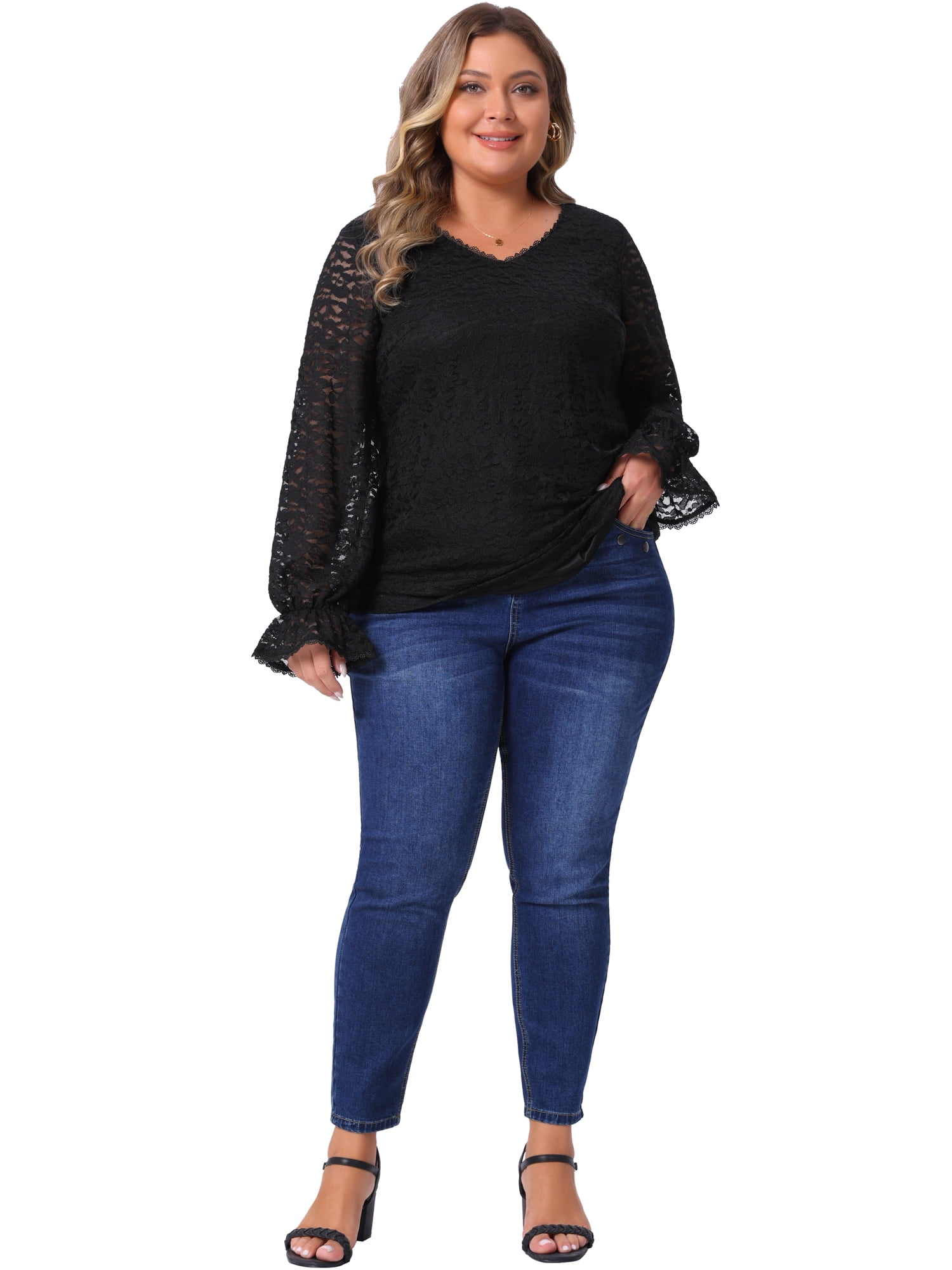 DARING DIVA Women's Plus Lace V Neck Long Sleeve Blouse 2X Black