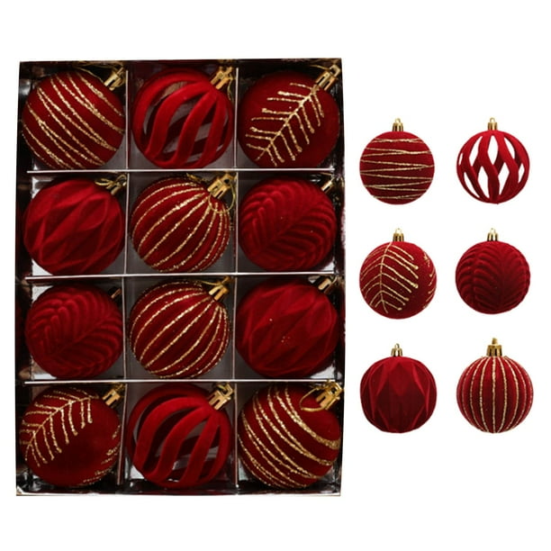 Seyotauo Burgundy Velvet Christmas Ornaments Balls Flocked Christmas Tree 12PCS Plastic Balls Xmas Hanging Ornaments Decoration Red