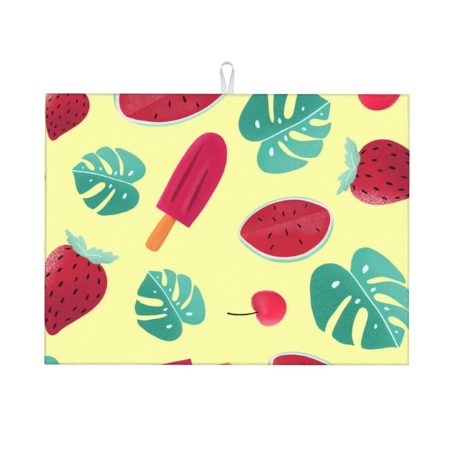 YFYANG Absorbent and Non-Slip Dish Drying Mat for Kitchen, Cartoon Fruit Illustration Microfiber Large Drying Pad, 18 x 24 in