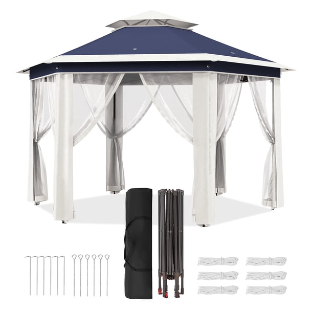 Qinaqin 13 x ft Pop Up Gazebo cm de Alturae agonal Canopy Shelter con 6 Zippered Malla Netting Event Tent Strong Steel Frame