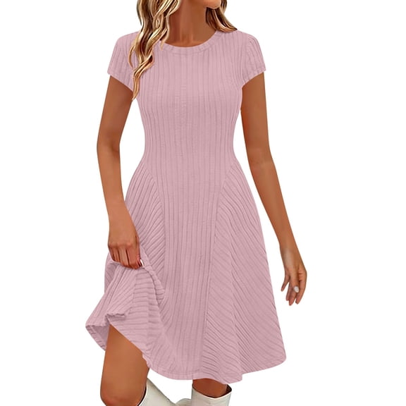 jtjvou Women's Summer Ribbed Mini Sweater Dress 2026 Spring Casual Crewneck Cap Sleeve Knit A Line Short Dresses Pink XL
