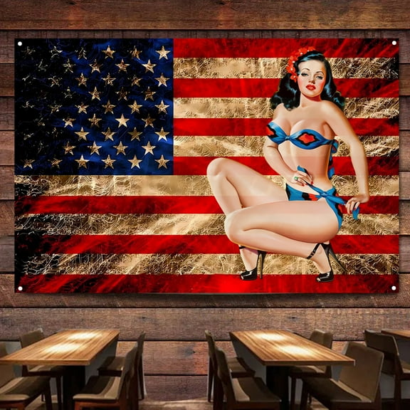 Creative Vintage American Flag with Pin Up Girl Wall Art Poster Hanging Banner 38" x 57"