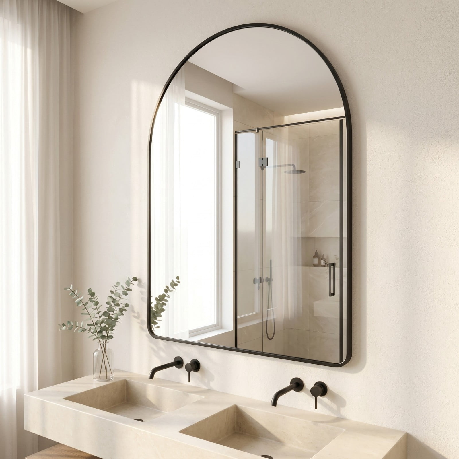 Gleamira 36"x40" Arched Bathroom Wall Mirror Rounded Corner Vanity Mirror with Metal Frame, Black