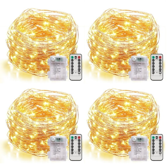 Somnr 4 Set Fairy Lights Battery Operated Christmas String Lights with Remote Timer for 8 Modes Twinkle Lights 66 feet 200 LED Firefly Lights -Warm White