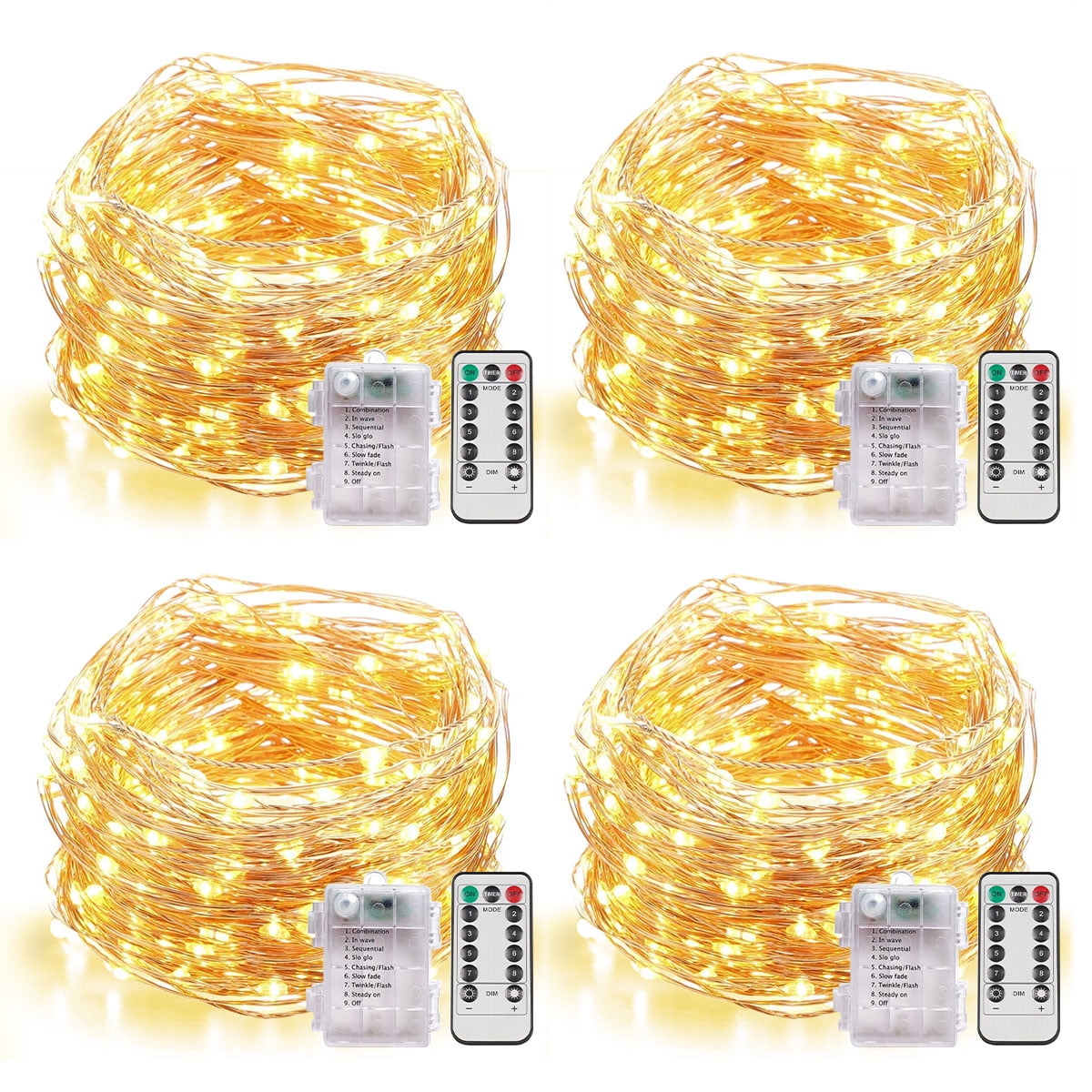 Somnr 4 Set Fairy Lights Battery Operated Christmas String Lights with Remote Timer for 8 Modes Twinkle Lights 66 feet 200 LED Firefly Lights -Warm White