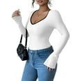 thumbnail image 2 of Women'S Sweetheart Neck Fitted T Shirts Long Bell Sleeve Ribbed Knit Tops White XL, 2 of 7