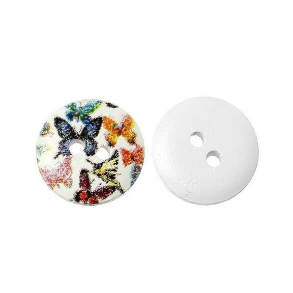 Sexy Sparkles Multicolor Round Wood Buttons Painted Butterfly Pattern 2 Holes Buttons for Sewing, Scrapbooking - 15mm, 10 Pcs
