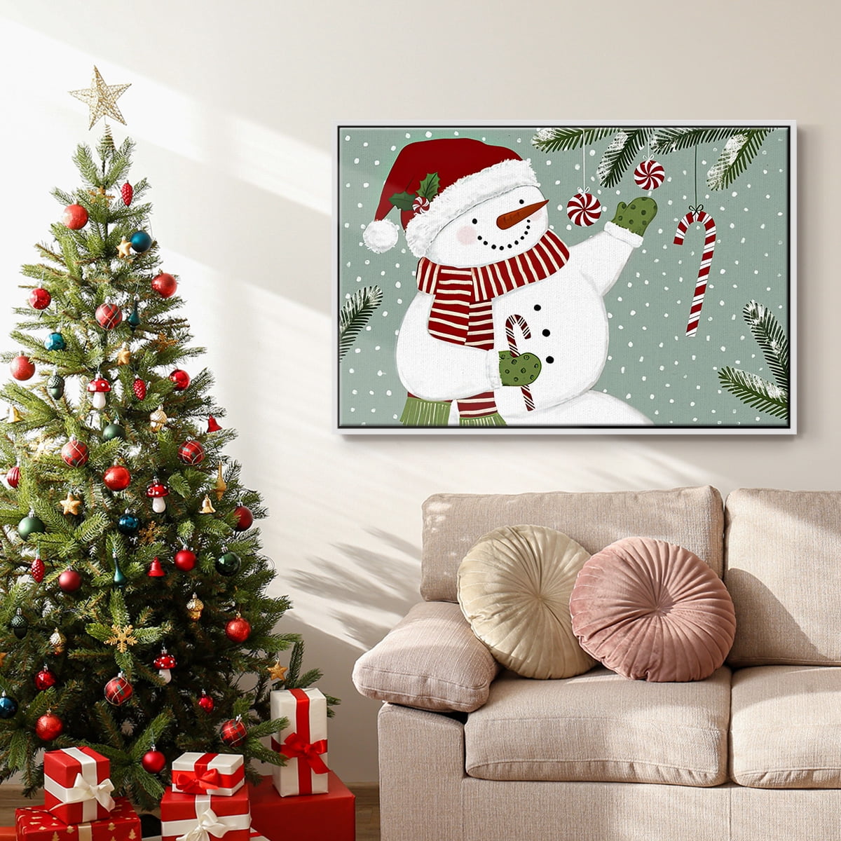Peppermint Snowman Collection A - Framed Gallery Wrapped Holiday Canvas - 27 x 41 - White Frame