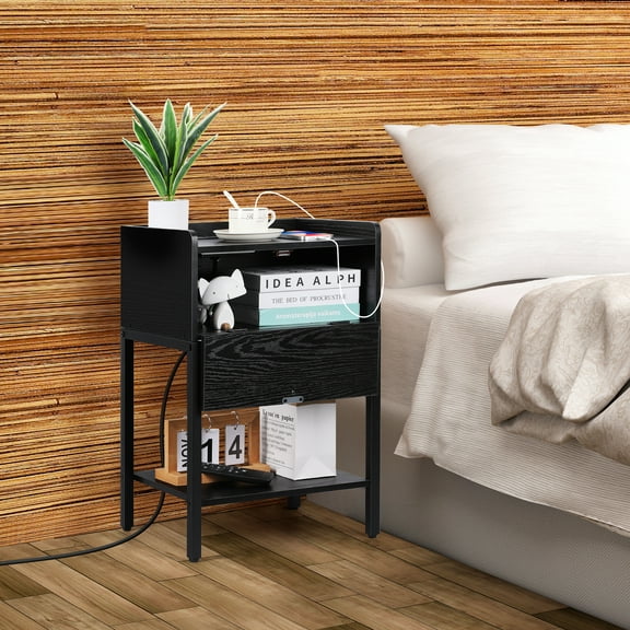 end table with charging station Bedside frame with flip drawer storage Black bedside table with USB port and socket