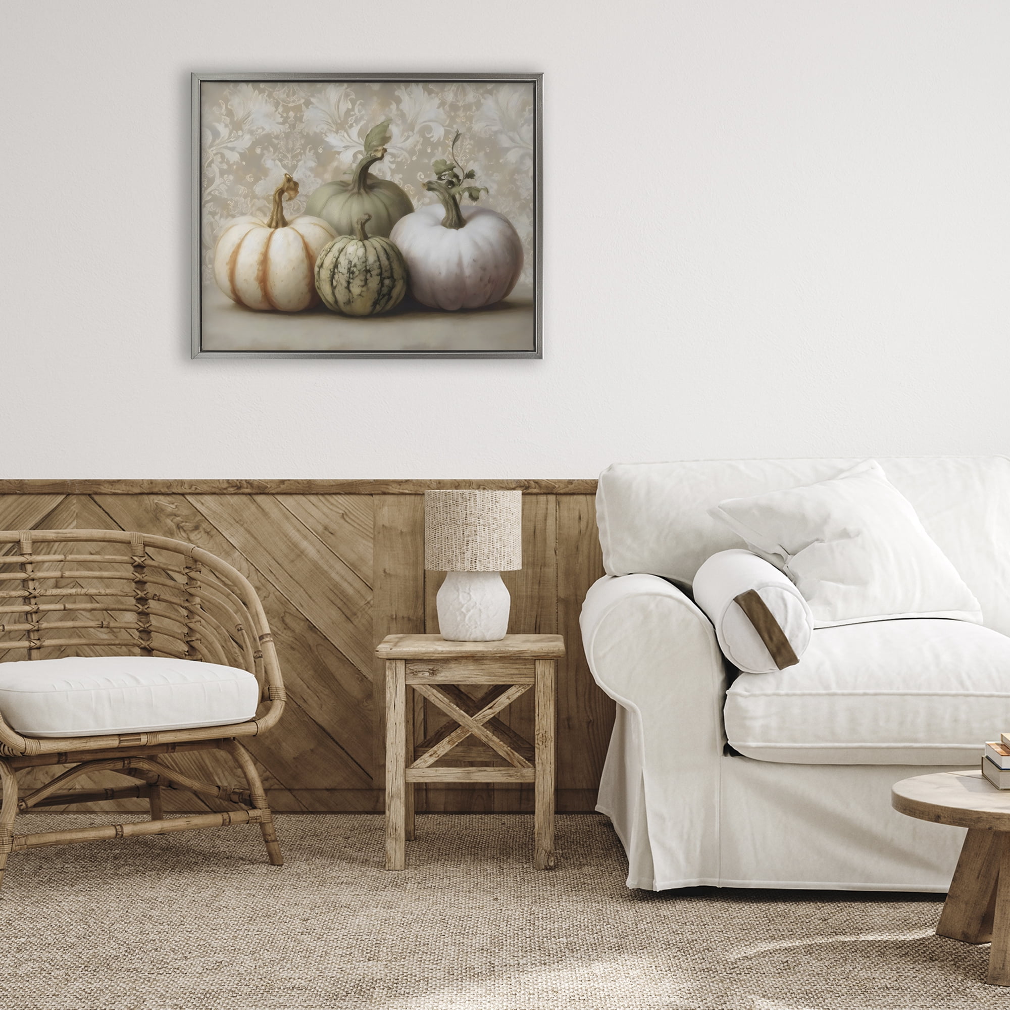Stupell Industries Pastel Gourds on Vintage Pattern Gray Framed Floater Canvas Wall Art, design by Arlington Prints