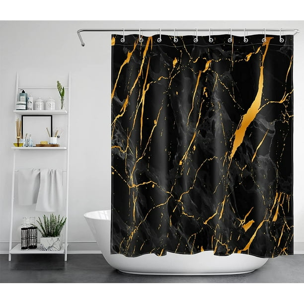 Black and Gold Marble Shower Curtain with 10 Hooks, Black Bathroom