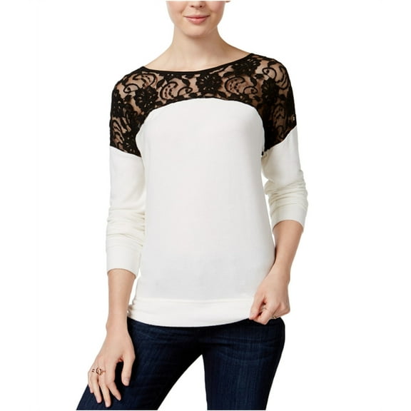 maison Jules Womens Contrast Lace Pullover Blouse, White, Large
