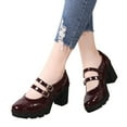 thumbnail image 2 of Lovskoo 2024 Women's Oversized Classic Leather Shoes Strappy Platform Chunky Block Mid-Heel Closed Toe Pumps Mary Dress Wedding Shoes Burgundy, 2 of 6