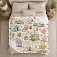 thumbnail image 5 of Whimsical Vintage Camping Trailers Tents Cream, Rustic Camping Scene, Warm Flannel Blanket for Cabin and Lodge with Detailed Artwork, Outdoor Lovers Camping Gift, Festive Home Decor, 5 of 9