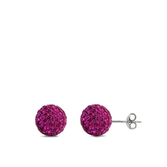 Sterling Silver Wholesale Fuschia Rhinestone Studded Ball Earrings 925 New Jewelry Female Unisex