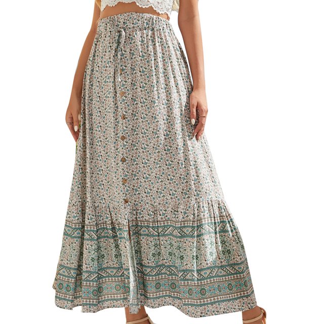 Falda de mujer con estampado floral y botón frontal elástico de cintura alta falda larga para viajes en casa Verde XL