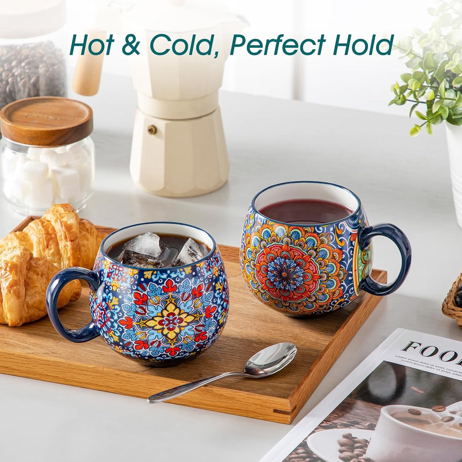 Ceramic Coffee Mug Set of 6, 16oz Porcelain Cups for Cappuccino, Latte, and Espresso, Colorful Boho Mugs with Handle, Rounded Design, Dishwasher and Microwave Safe