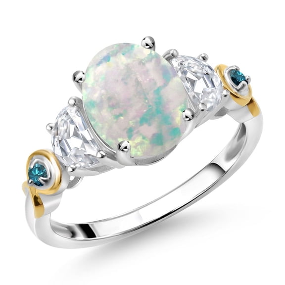 Gem Stone King 925 Silver and 10K Yellow Gold 3-Stone Ring Oval Cabochon White Simulated Opal and Moissanite (1.51 Cttw, Size 7)