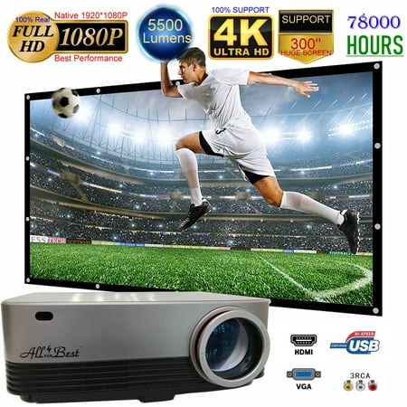 AllForBest Full HD Native 1080P LED Projector, Support 4K, 5500 Lux, Support 300? Display, Compatible with TV Stick Xbox PlayStation Laptop iPhone Android,Perfect for Home Theater & PPT