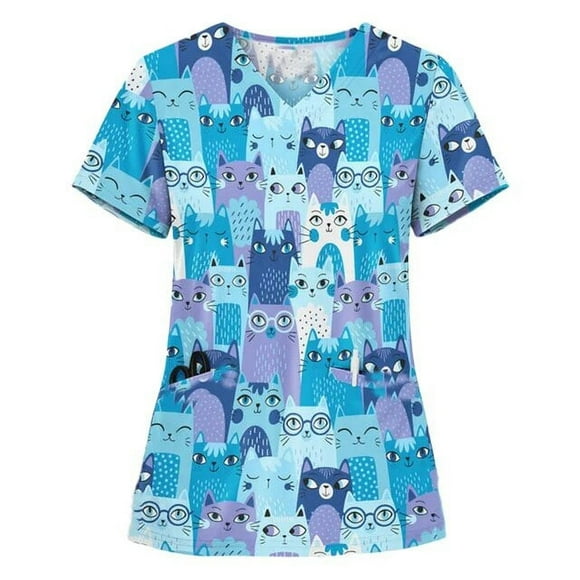 LS 3d Printed Animal Nursing Uniform Women Pocket Work Blouse Shirt Therapist Short Sleeve V-neck Scrub Tops Carer Healthcare Tunic