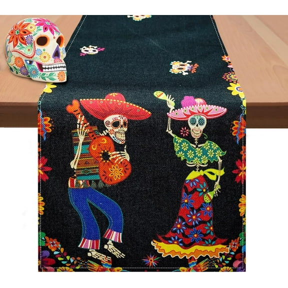 Day of The Dead Table Runner Sugar Skull Dining Table Decor Seasonal Mexcio Dia De Los Muertos Kitchen Dining Table Decoration for Home Party (Day of The Dead, 13.8x71 Inch)