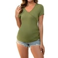thumbnail image 2 of INSPIRE CHIC Women Maternity Top Ruched Cross V Neck Faux Wrap Short Sleeve Blouse T-Shirt Small Army Green&Striped, 2 of 6