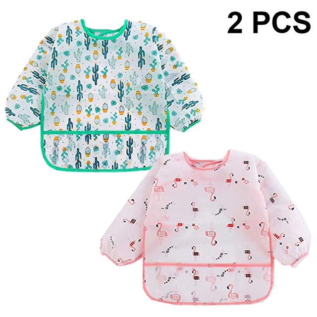 Juego de baberos de manga larga de 2 piezas | Baberos impermeables para bebés con paquete de bolsillo Sincero Hogar