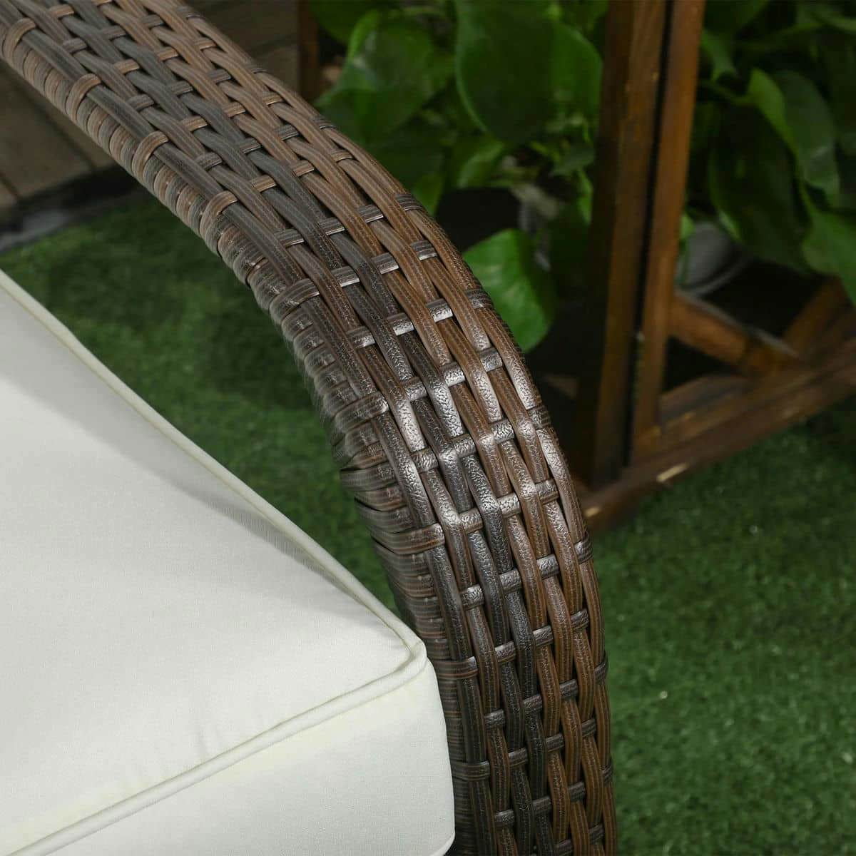 Spaco Patio Wicker Adirondack Chair with Soft Cushions, Outdoor All-Weather Rattan Fire Pit Chair with Tall Curved Backrest and Comfortable Armrests for Outdoor as Backyard, Garden, Cream White