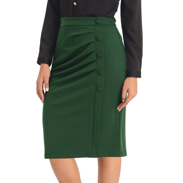 Unique Bargains Jupe Crayon Midi Plissée Taille Haute pour Femmes, Vert Foncé, 2TG