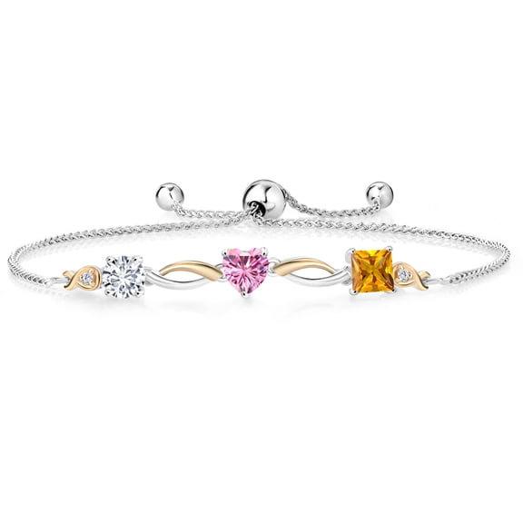 Gem Stone King 925 Silver and 10K Yellow Gold Pink Moissanite Yellow Citrine and Lab Grown Diamond Tennis Bracelet for Women By Keren Hanan (1.90 cttw, Adjustable up To 9 inch)