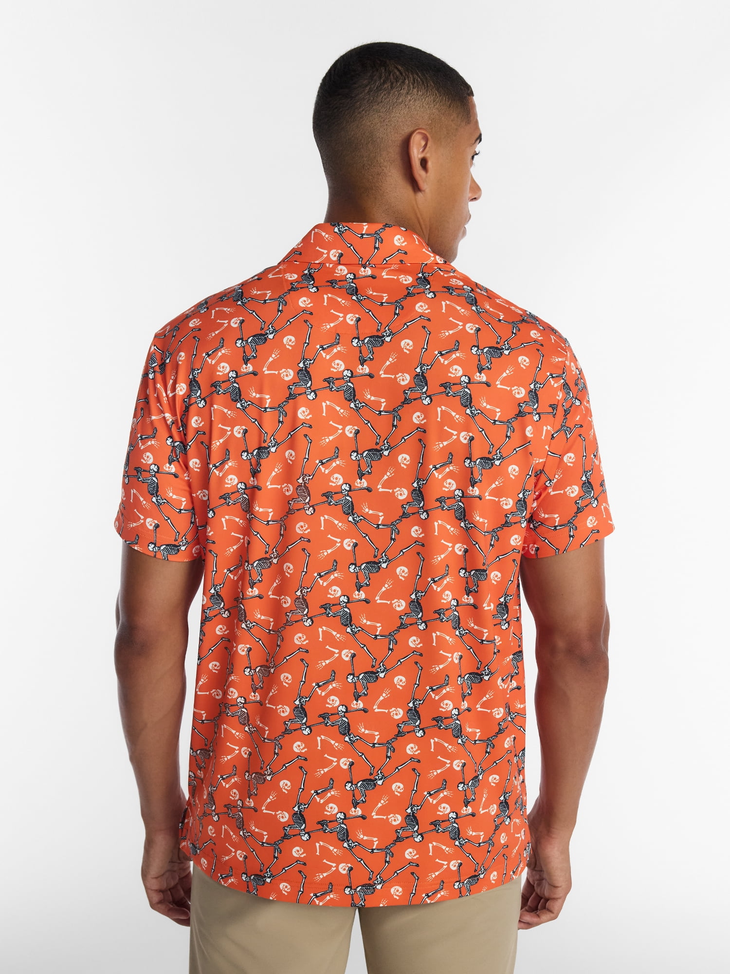 Birdie Bound Halloween Spooky Skeleton Print Golf Polo Shirt, Men's Sizes S-4XLT