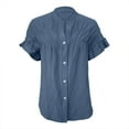 thumbnail image 4 of Blue Womens Tops Casual Short Sleeved Pleated Shirt Solid Color Cotton and Linen Stand Up Collar Shirt for Women Shirts for Women, 4 of 5