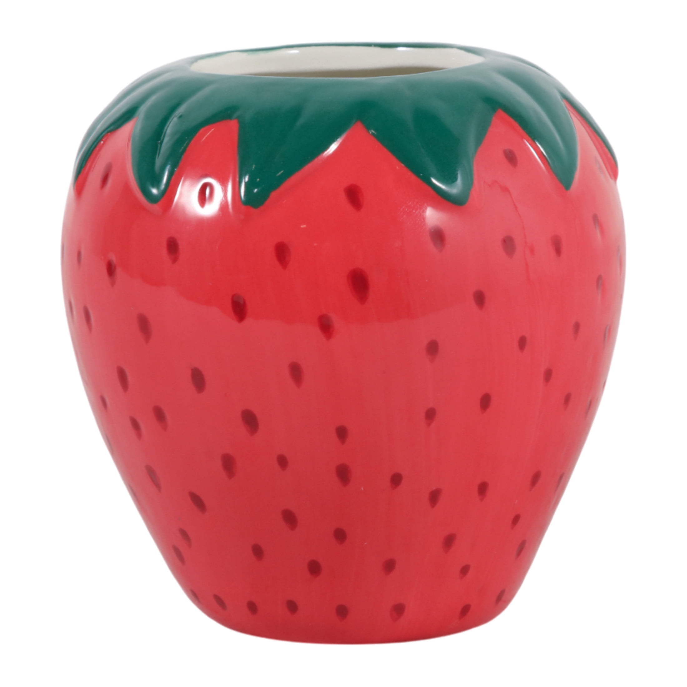 Decorative Ceramic Strawberry Pencil Cup for Desk Organization - Small Desktop Office Storage Organizer for Workspace Decor - Modern Desk Accessory for Home Decor Display - 4", Red & Green