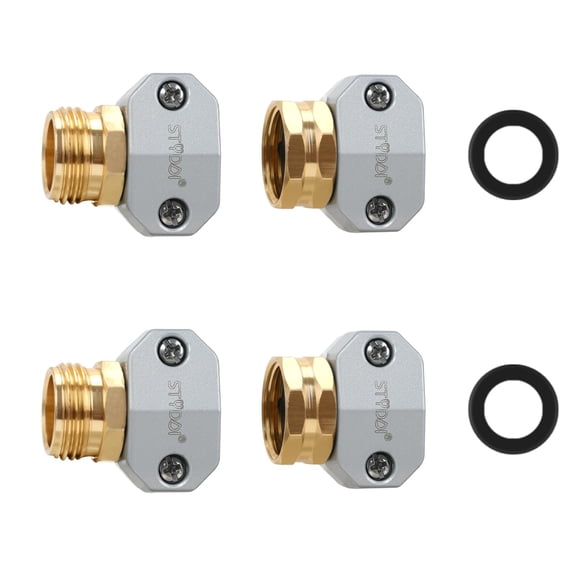 STYDDI Garden Hose Repair Connector Fitting, Aluminum Mender Female and Male Hose End Connector with Zinc Clamp, Fit 5/8-Inch and 3/4-Inch Garden Hose, 2 Sets