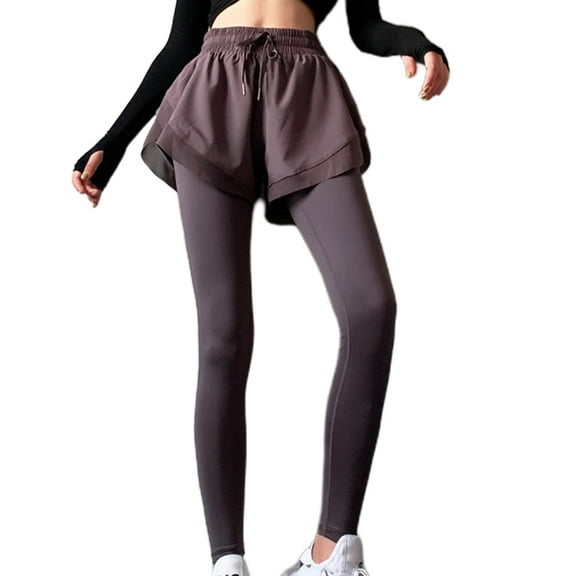 Womens High Rise 2 In 1 Tight Sports Leggings with Shorts Drawstring Waist Solid Color Fitness Running Yoga Workout Long Pants