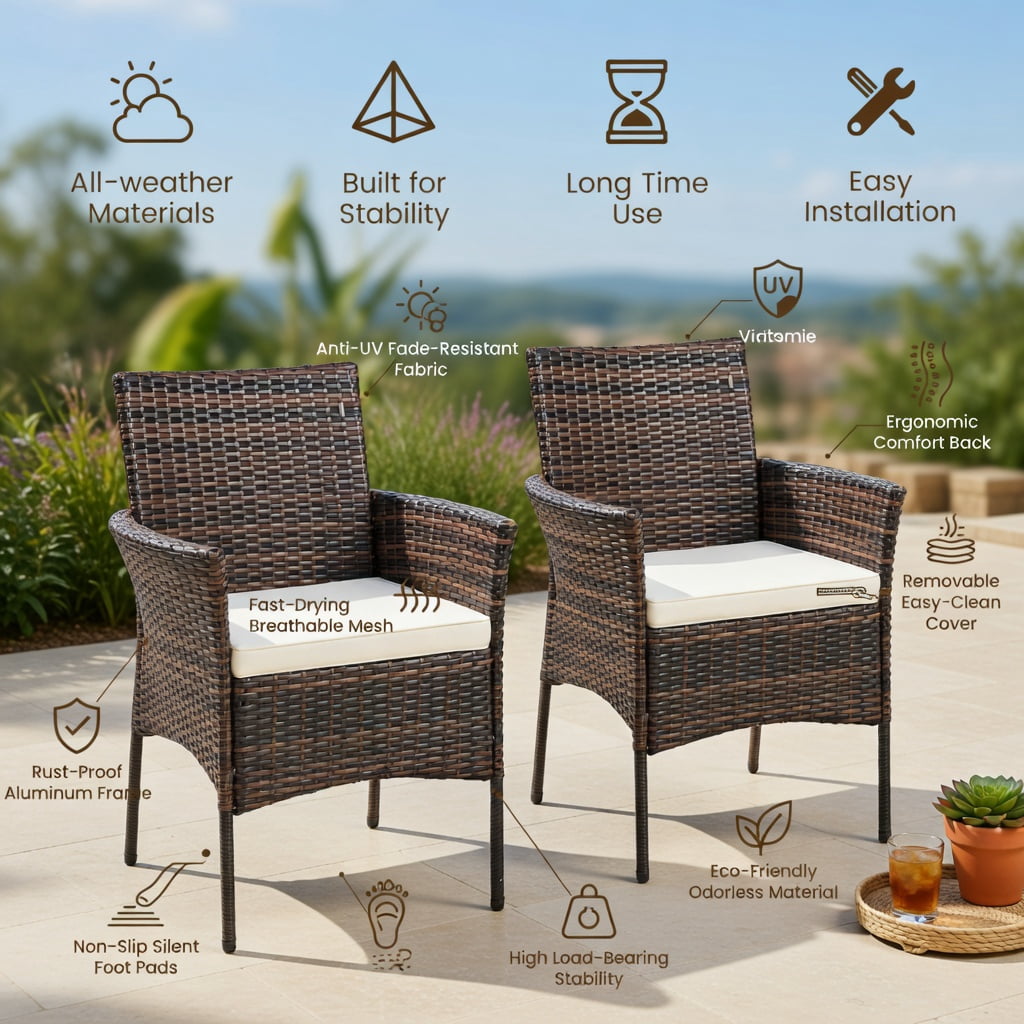 Hommoo 2-Pack Outdoor PE Rattan Armchairs with Removable Off-White Cushions, Weatherproof Steel Frame, Ergonomic Design for Patio, Backyard & Poolside, Brown