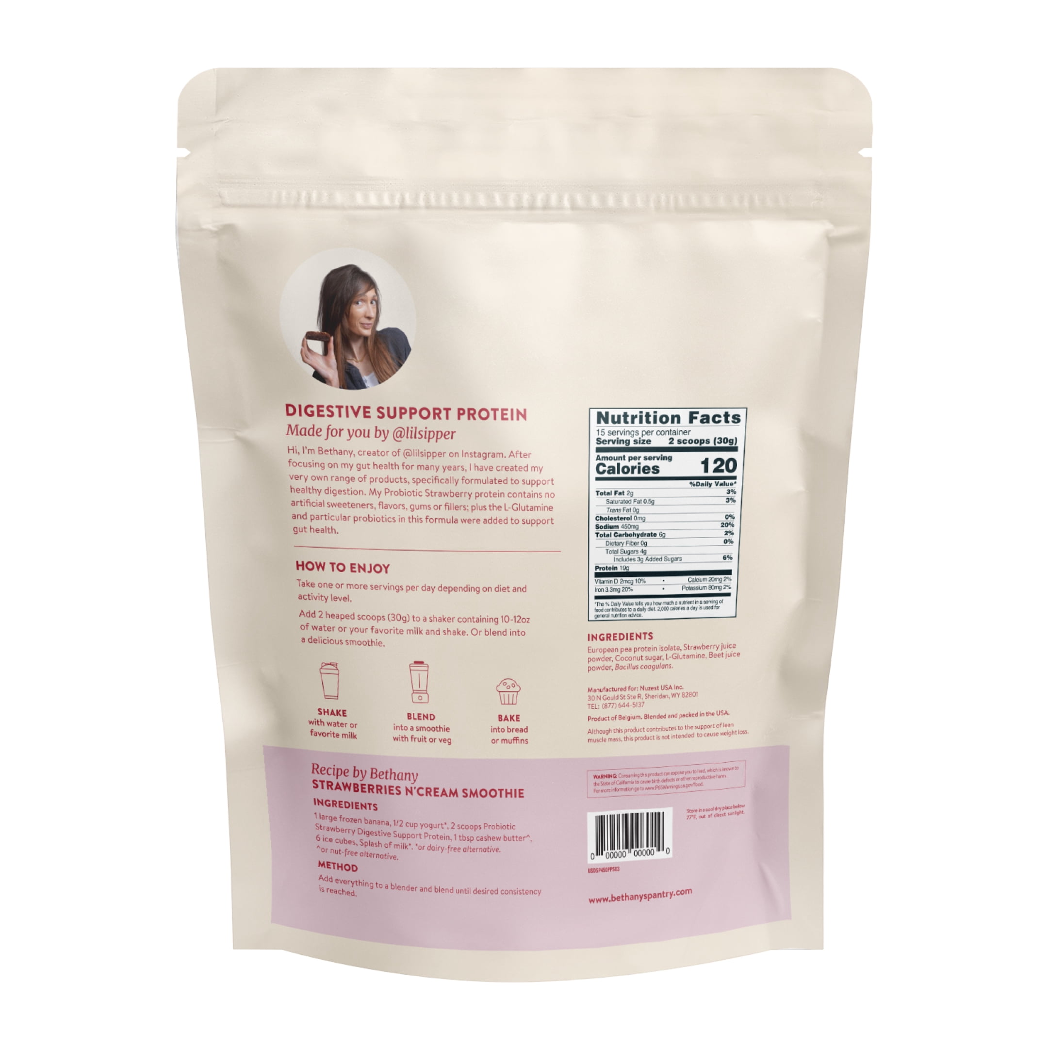 Bethany's Pantry Digestive Support Protein - Probiotics for Digestive Health – Strawberry - Clean Lean Protein - Premium Vegan Pea Protein Powder – Plant Based - 20 Servings, 1lb (Pack of 1)