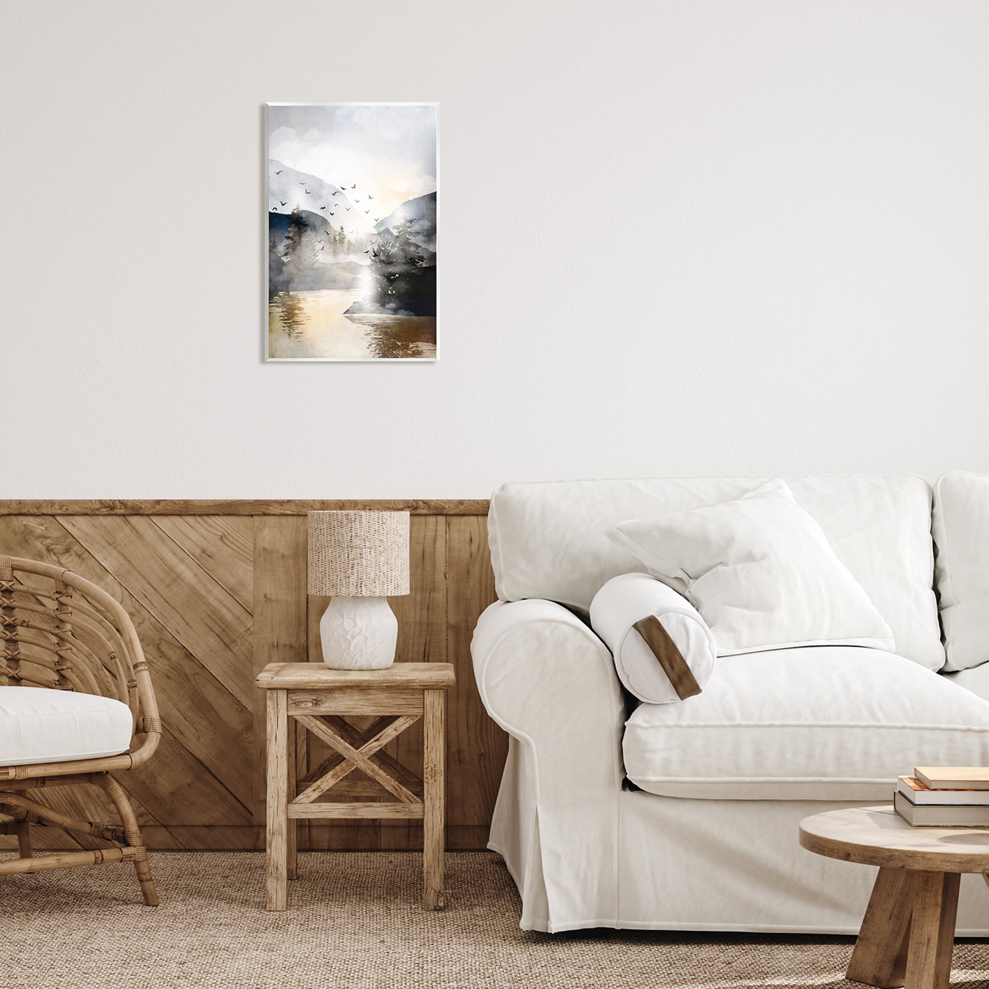 Stupell Flying Birds Mountain Lake View Landscape Painting Wall Plaque Unframed Art Print Wall Art