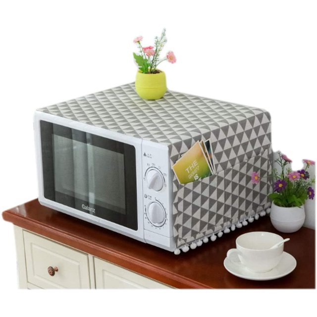 Microwave Oven Cover Dustproof Cotton Machine Protector Decorative Kitchen Appliance Cover with Side Storage Pockets(Gray Triangle)