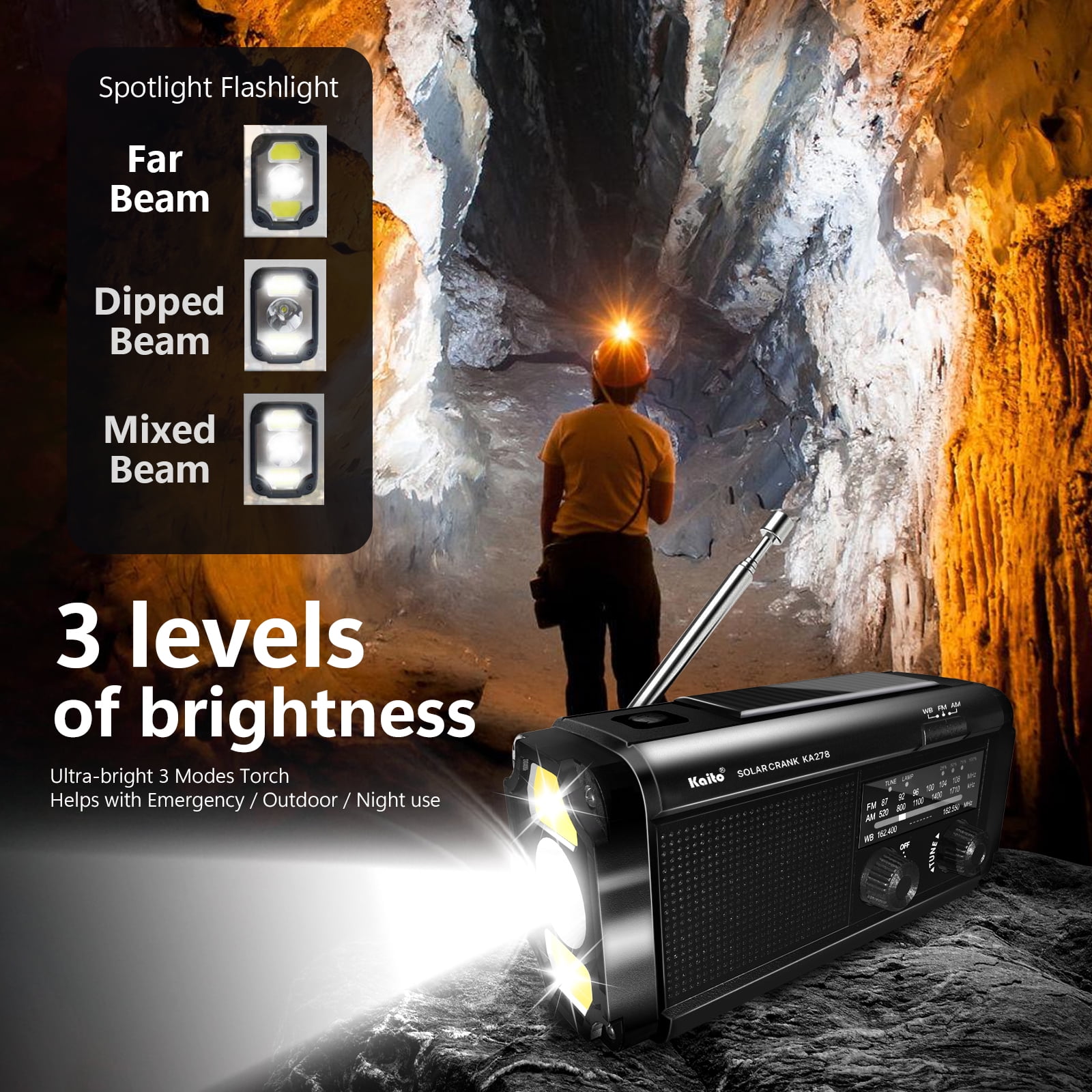 Kaito KA278 Emergency Weather Radio NOAA AM FM 4000mAh Power Bank Solar Crank - Black