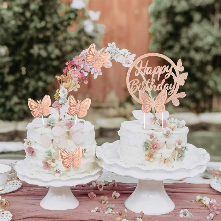 25Pcs Rose Gold Butterfly Happy Birthday Cake Topper Butterfly Glitter 3D Cupcake  Toppers Women Girl's Birthday Party Cake Decorations Butterfly Baby Shower  Party Supplies 