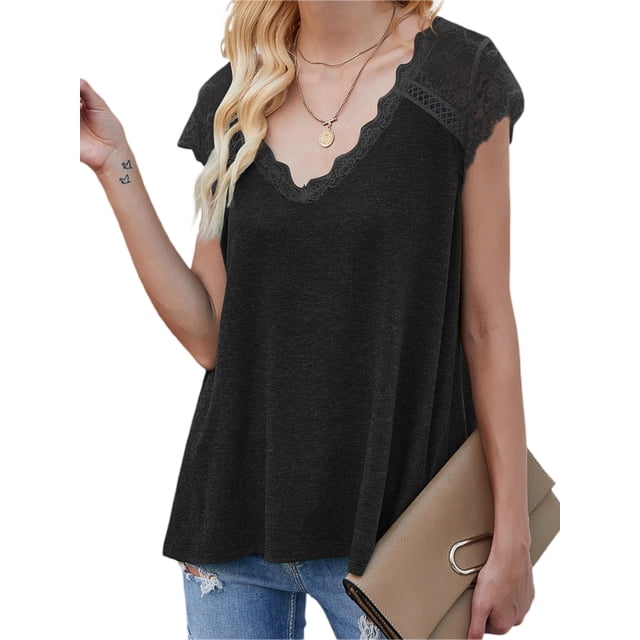 xiaxaixu Hauts en Dentelle Crochet pour Femmes, T-Shirts d'Été Basiques à Manches Courtes Col en V Coupe Ample