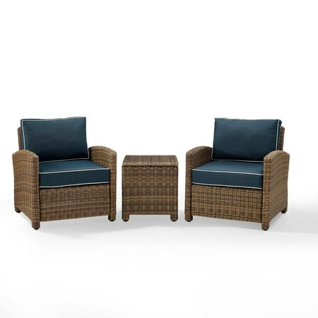 Blue Wicker Outdoor Furniture Crosley Furniture Bradenton 3-Piece Outdoor Wicker Conversation Set with Navy Cushions - Two Arm Chairs & Side Table ()