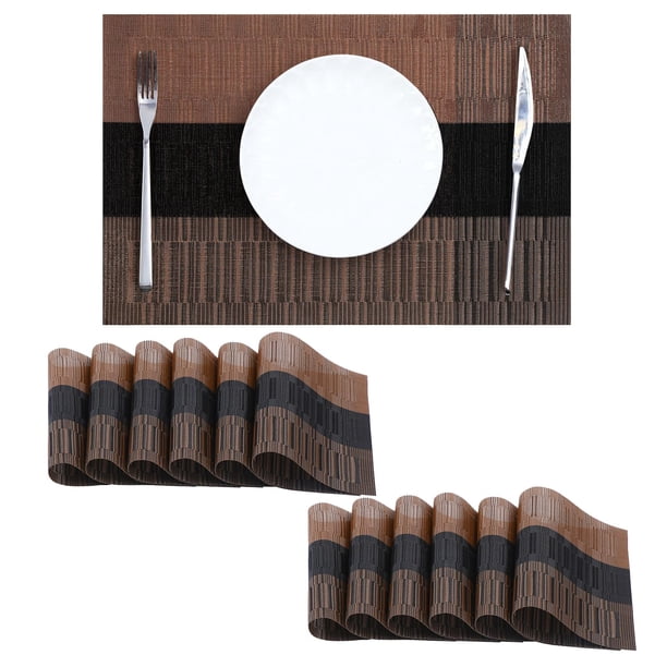 Juego de 12 Individuales Leetaltree Marrón con Rayas Negras - Individuales Resistentes al Calor y Antideslizantes para Mesa de Comedor, Lavables y Duraderos de PVC Vinílico Tejido (Rayas Marrones, 12)