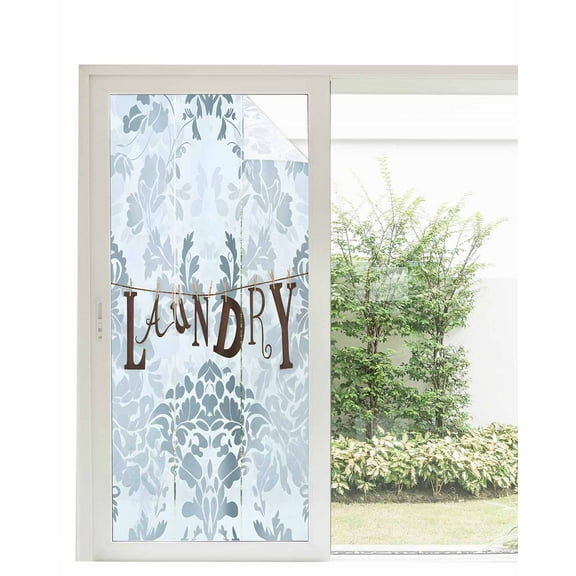 Window Privacy Film Laundry Blue Stained Glass Window Film Decorative Sun Block Window Cover Vintage Boho Modern Country Style Flower Window Clings Static Adhesive Sticker for Bathroom 35.4"x78.7"